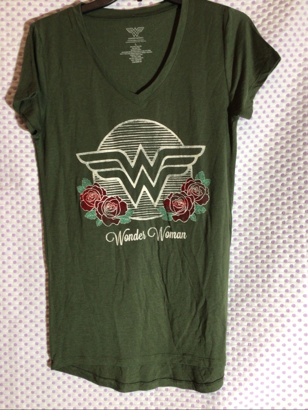 Olive Green DC Comics Wonder Woman floral logo v-neck t-shirt